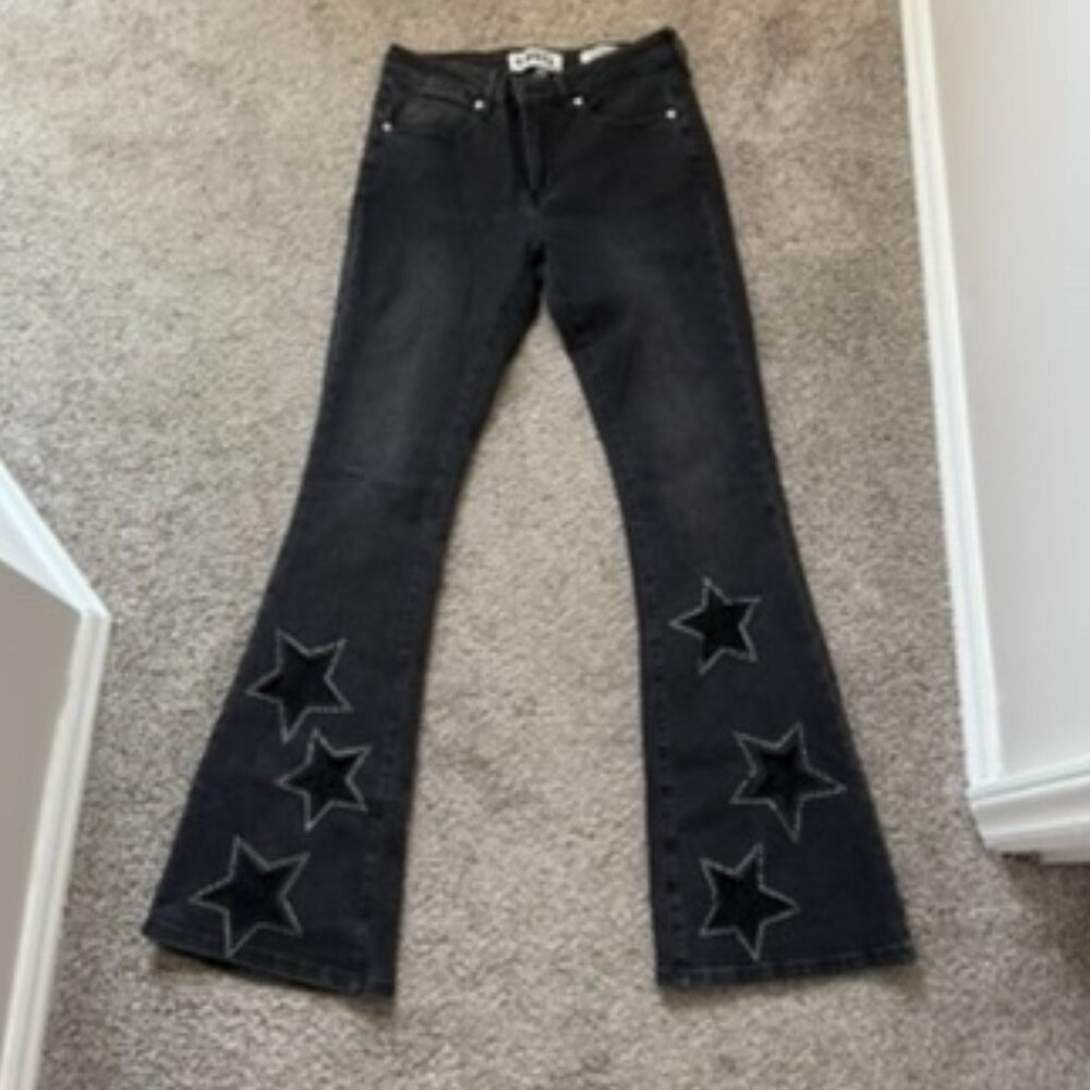 Star Cut Out Bell Bottom Jeans With Rhinestones and Lace size 27